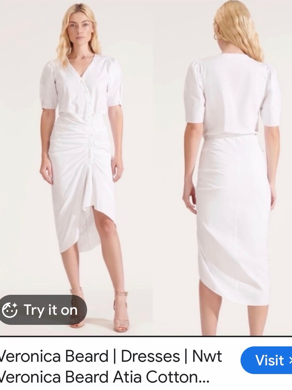 Veronica Beard White Ruched Button-Front Midi Dress - Picture 2 of 3